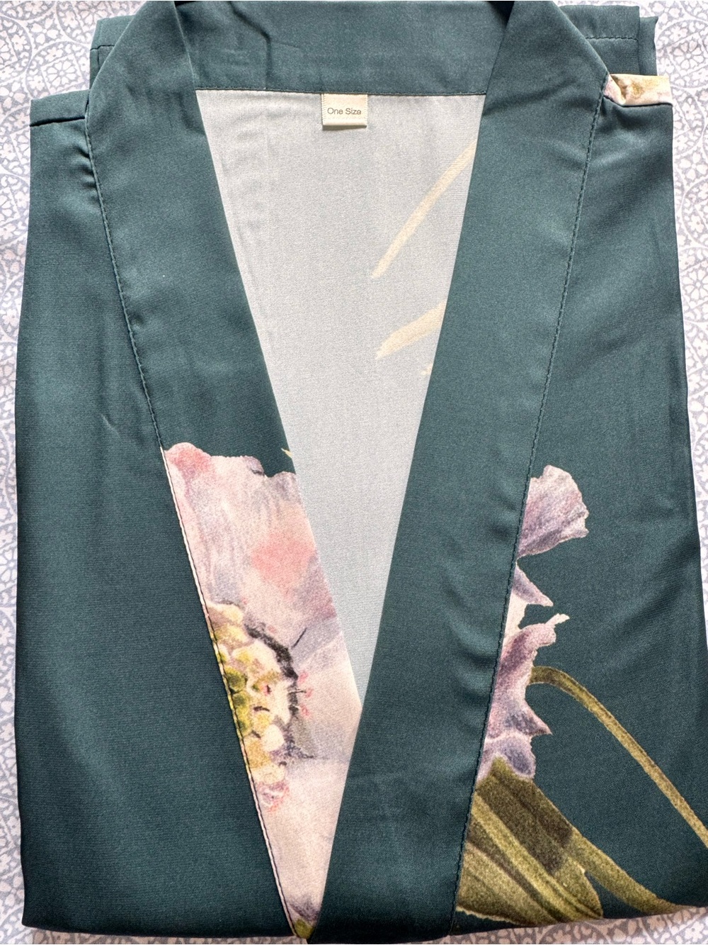 Floral Satin Kimono Robe in Army Green - Luxury Lounge - Picture 2 of 2
